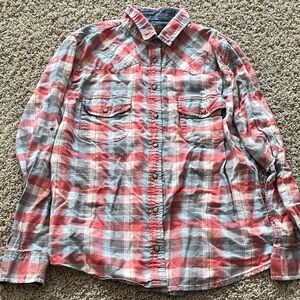Jachs Girlfriend Peach and Gray Plaid Shirt